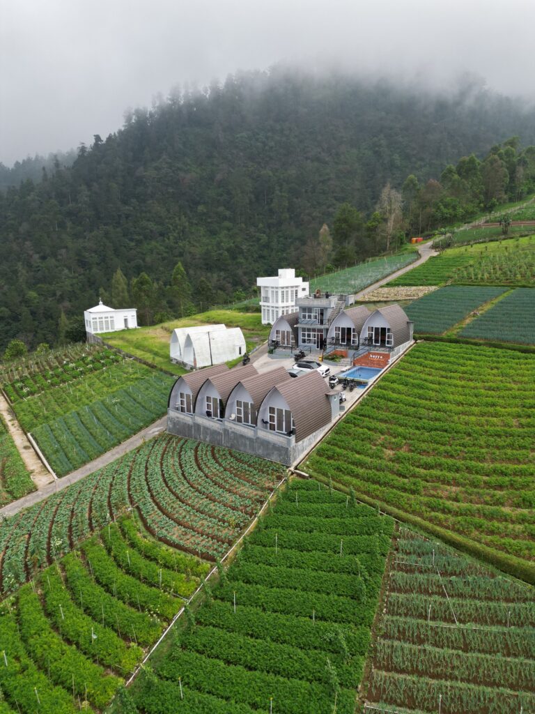 Aerial view of a modern farmhouse amidst lush, terraced fields and misty mountain backdrop.